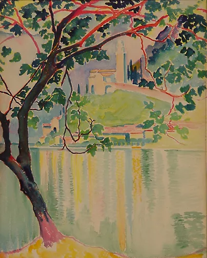 Clara Porges — 2 Aquarelle: Morcote; Blumenzweig, 1957