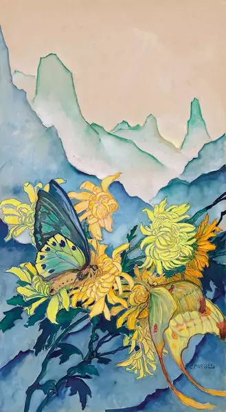 CLARA PORGES — Flowers and butterflies before the Sciora group. — Koller Auktionen