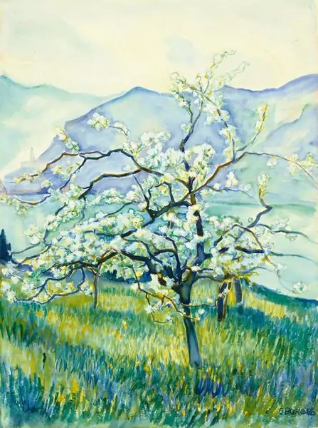 CLARA PORGES — Blühender Baum am Luganersee, im Hintergrund Kirche von Morcote. — Koller Auktionen
