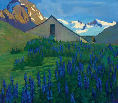 CLARA PORGES — Alphütte in den Schweizer Bergen mit blauem Eisenhut. — Koller Auktionen