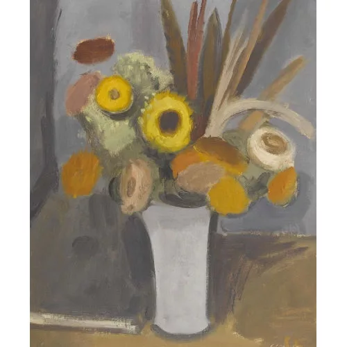 Claude Loewer — Stillleben mit Trockenblumen in einer Vase.
