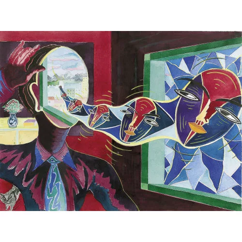 Claude Sandoz — Phantastisches Interieur mit Figuren.