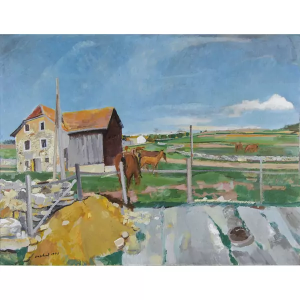 Landschaft bei Muriaux mit Bauernhäusern und Pferden