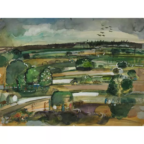 Sommerliche Landschaft mit Bauern bei der Heuernte