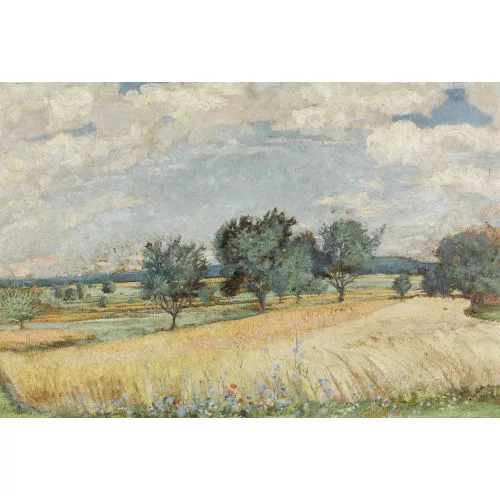Conrad Strasser — Sommerliche Landschaftspartie mit Weizenfeld.