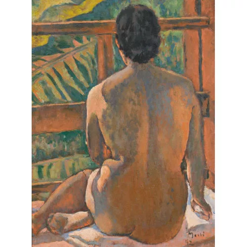 Conrad Meili — Weiblicher Rückenakt auf einem Balkon.