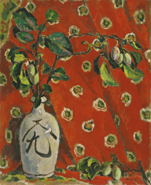 Conrad Meili — STILLLEBEN MIT FRÜCHTEZWEIG IN GRAUER FLASCHE VOR ROTEM HINTERGRUNDSTILL LIFE WITH A FRUIT TREE BRANCH IN GRAY BOTTLE ON RED BACKGROUND