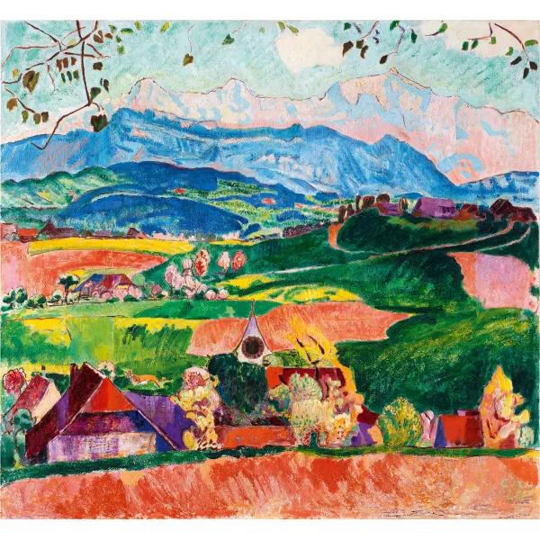 Cuno Amiet — Bauernhäuser in Affoltern im Emmental, mit Blick über die Voralpen auf Eiger, Mönch und Jungfrau