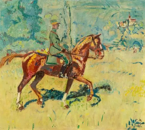 CUNO AMIET — Oberst auf seinem Pferd in einer Sommerlandschaft (wohl Oberst Alfred Jenny 1877-1936). 1927. — Koller Auktionen