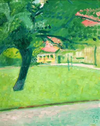 Wiese mit Baum vor Gebäude, 1957