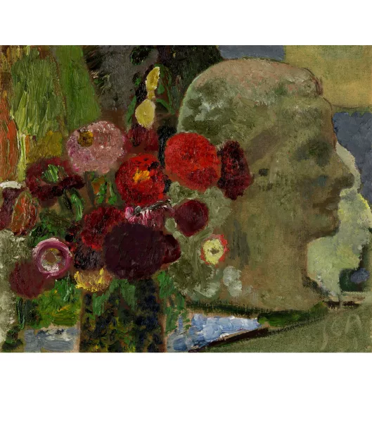Cuno Amiet — Blumenstillleben mit Büsten (Anna Amiet und Max Gmür)