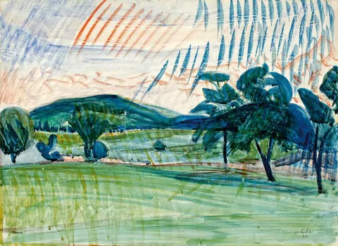 Hügellandschaft mit Gebirgskette im Hintergrund, 1920