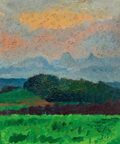 CUNO AMIET — Blick von der Oschwand auf die Berner Alpen, mit dem Wetterhorn, Schreckhorn und Finsteraarhorn. 1930. — Koller Auktionen