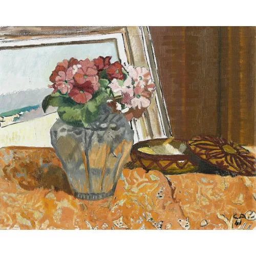 Cuno Amiet — Stillleben mit Primeln, Dose und Gemälde.