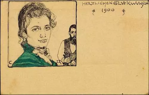 CUNO AMIET — Greetings card with Cuno Amiet and his wife. 1900. — Koller Auktionen