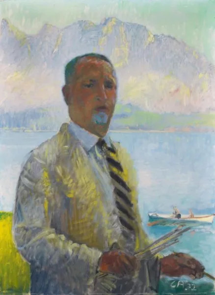 Cuno Amiet — Selbstbildnis (Selbstporträt vor Bergkette)
