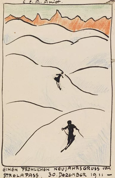 Cuno Amiet — Postkarte: Berglandschaft mit Skifahrer