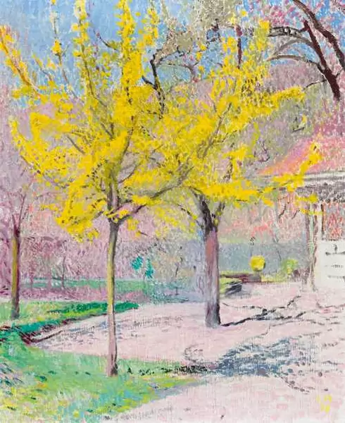 CUNO AMIET — Frühlingslandschaft mit gelb blühenden Bäumen. 1938. — Koller Auktionen