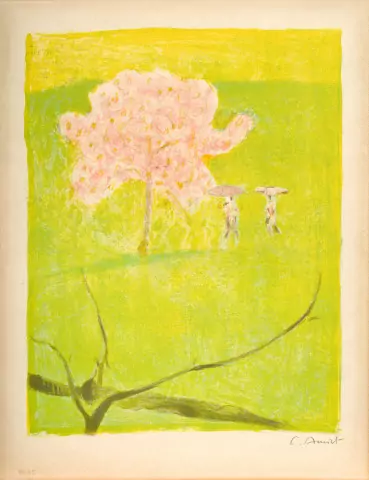 Blühender Apfelbaum und Blumenstillleben