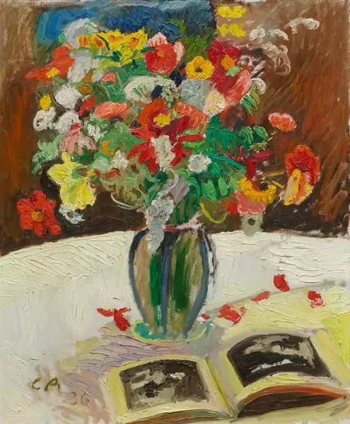 CUNO AMIET — Blumenstillleben mit einem Buch im Vordergrund. 1936. — Koller Auktionen
