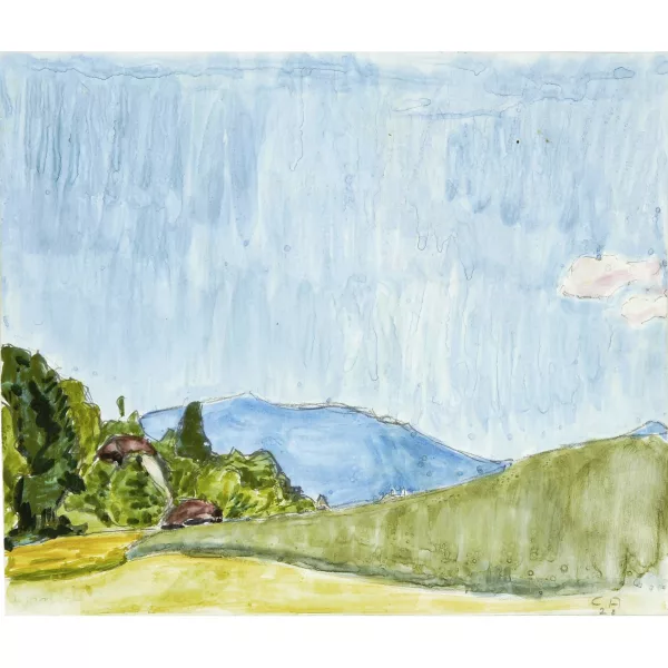 Cuno Amiet — Bauernhof mit Blick auf einen blauen Hügel