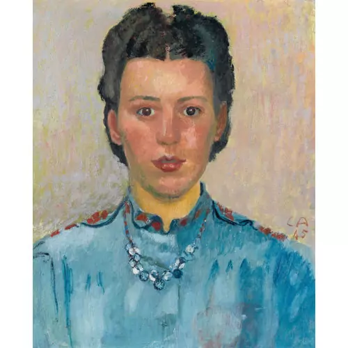 Porträt einer Frau im blauen Kleid