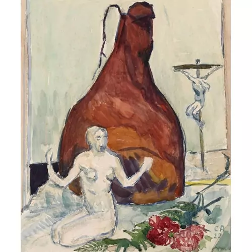 Stillleben mit Frauenfigur, Schinken und Kruzifix