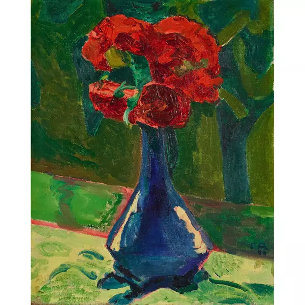 "Rote Blumen in blauer Vase"