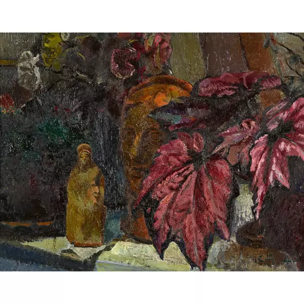 "Stillleben mit Zierahorn, Büste und Statuette"