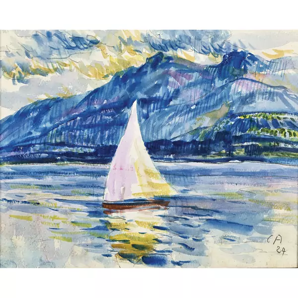 Segelboot auf dem Brienzersee mit Bättenalpburg und Schonegg