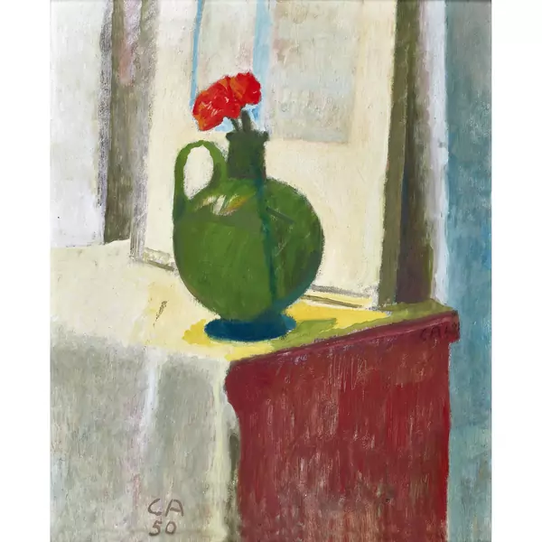 Stillleben mit Blume in grüner Henkelvase