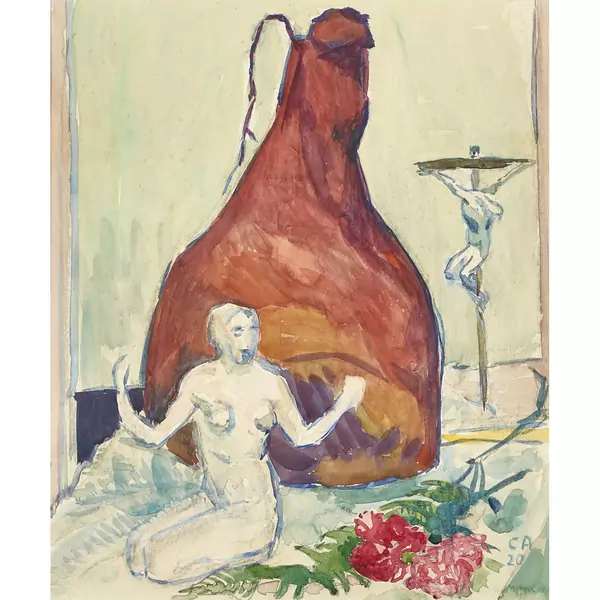 Stillleben mit Frauenfigur, Schinken und Kruzifix