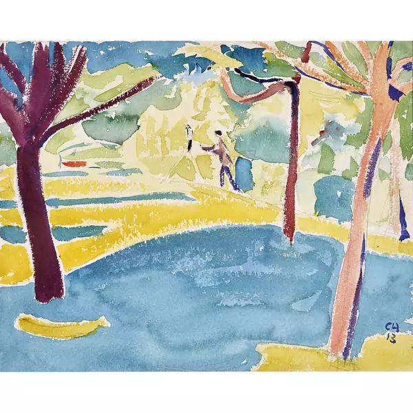 Obstgarten mit Künstler an der Staffelei