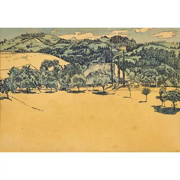 Hügelige Landschaft mit Bauernhaus