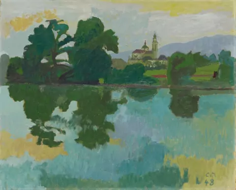 Aarelandschaft mit Sankt Ursen Kathedrale in Solothurn, 1948