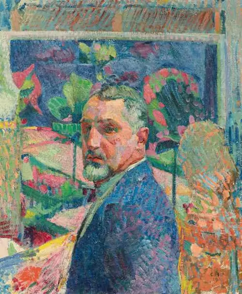 CUNO AMIET — Self portrait before a picture of a garden. 1919. — Koller Auktionen