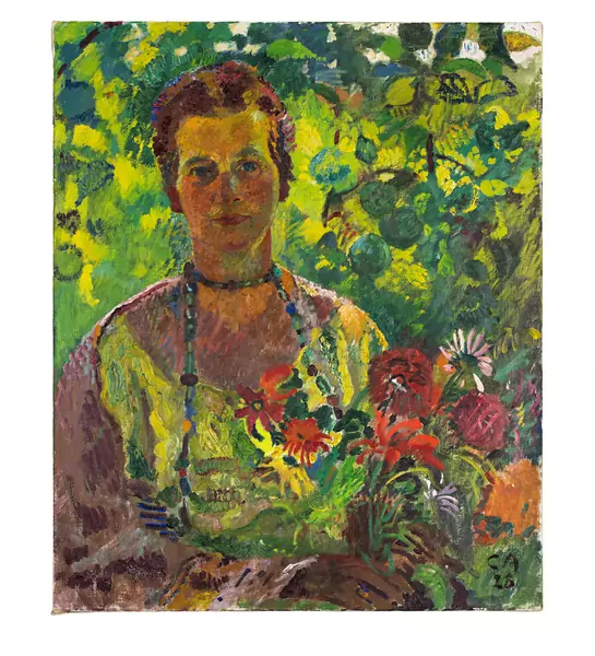 Cuno Amiet — Anna Amiet mit Blumen im Garten — Galerie Kornfeld