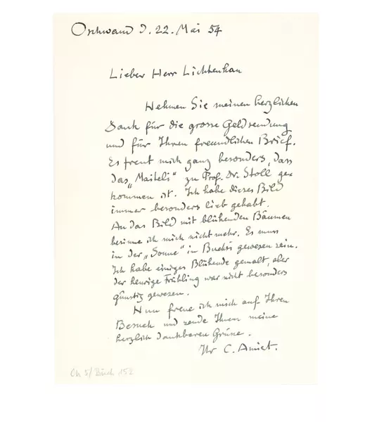 Cuno Amiet — Handschriftlicher Brief an Lucas Lichtenhan — Galerie Kornfeld