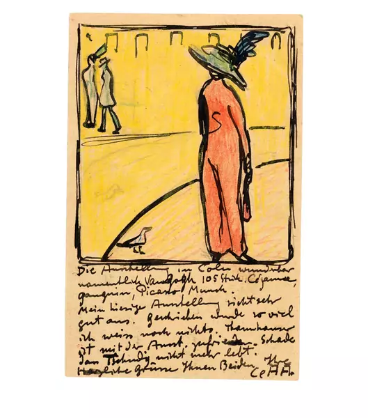 Cuno Amiet — Dame in rotem Kleid mit Federhut — Galerie Kornfeld