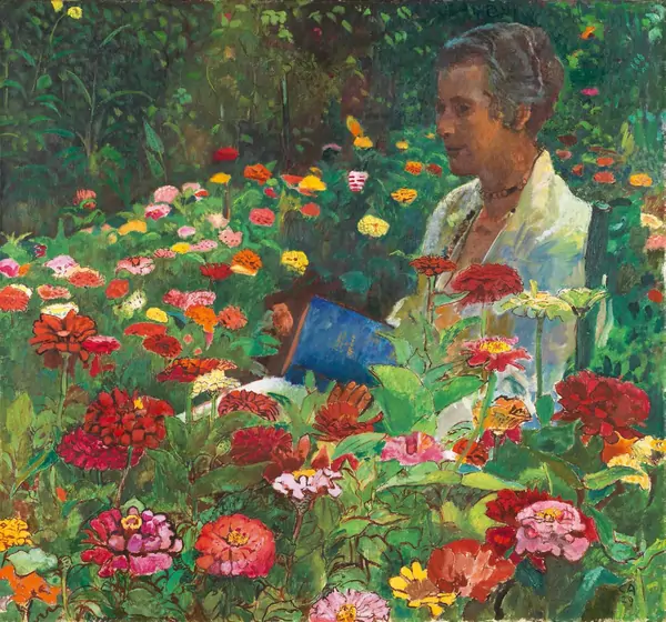 Cuno Amiet — Anna Amiet in ihrem Blumengarten — Galerie Kornfeld