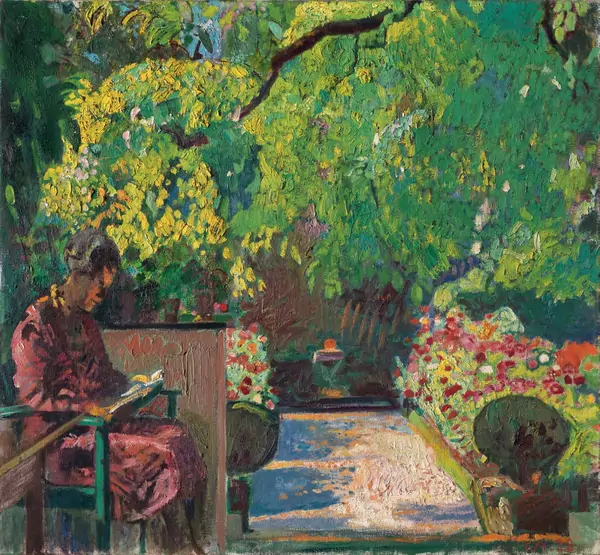 Cuno Amiet — Anna Amiet, lesend unter Nussbaum sitzend — Galerie Kornfeld