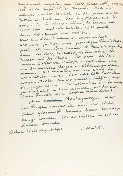 Cuno Amiet — Eigenhändiges Manuskript, am Kopf des ersten Blatts bezeichnet «Die Episode von Val Camp.», am Schluss signiert «C. Amiet» und datiert «Oschwand 31. August 1943». — Galerie Kornfeld