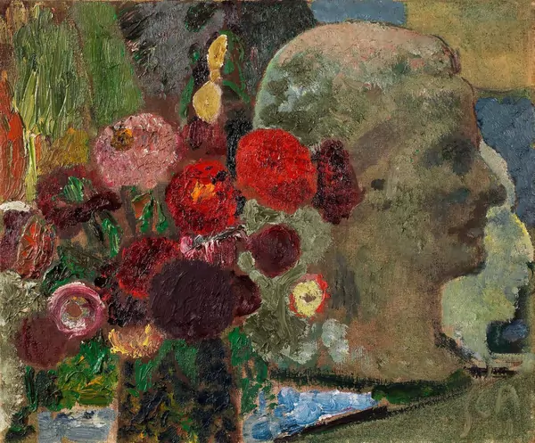 Cuno Amiet — Blumenstillleben mit Büsten (Anna Amiet und Max Gmür) — Galerie Kornfeld