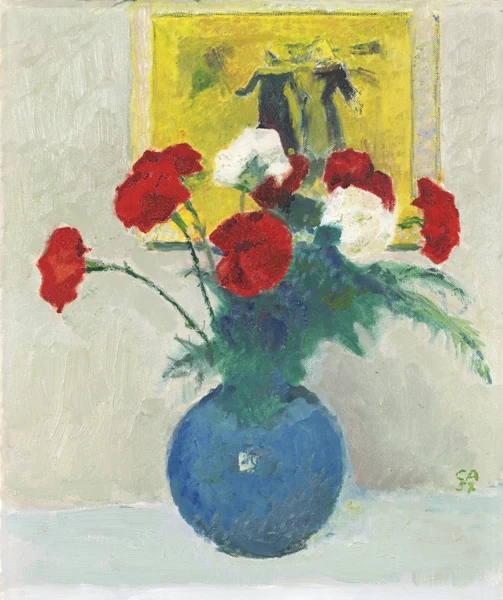 Cuno Amiet — BLUMENSTILLLEBEN MIT GEMÄLDE IM HINTERGRUND, 1957FLOWER STILL LIFE WITH PAINTING IN BACKGROUND, 1957