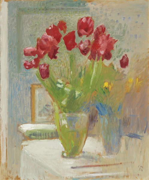 Cuno Amiet — Blumenstillleben mit roten Tulpen, 1956