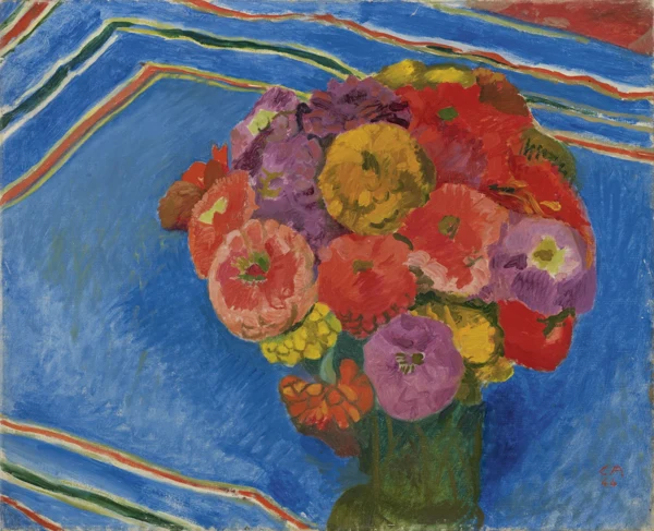 Cuno Amiet — ZINNIEN AUF BLAUEM TUCH, 1944ZINNIAS ON BLUE CLOTH, 1944
