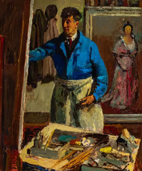 Der Maler Johann Peter Flück an der Staffelei. 1946