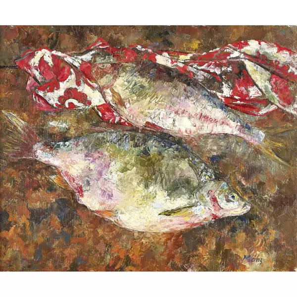Stillleben mit Fischen und Draperie