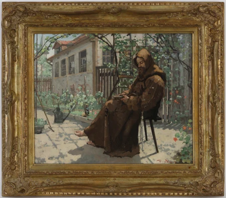 Moine lisant dans un jardin