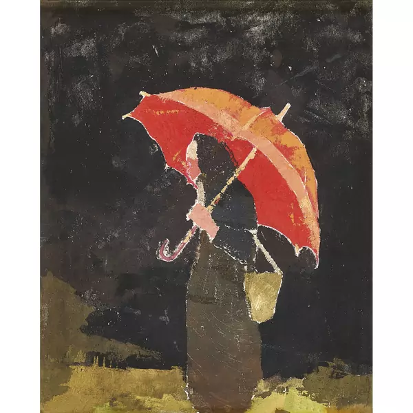 Ältere Frau mit aufgespanntem Regenschirm